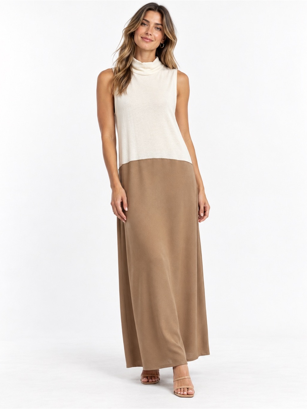 Zara Two-Tone Midi Dress in Ivory and Camel